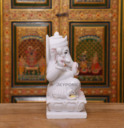 15" Pure White Marble Lord Ganesha Idol for Pooja Décor