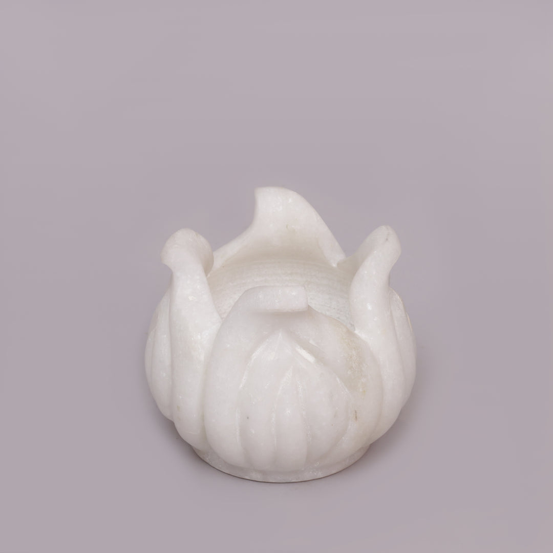 Handcrafted White Marble Lotus Tealight Candle Holder With Flower Design