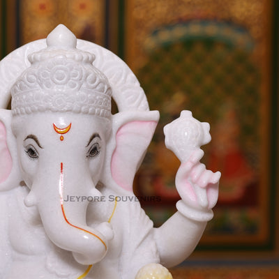 15" Pure White Marble Lord Ganesha Idol for Pooja Décor