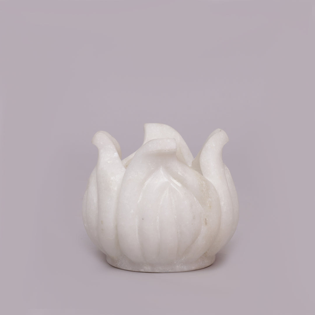 Handcrafted White Marble Lotus Tealight Candle Holder With Flower Design