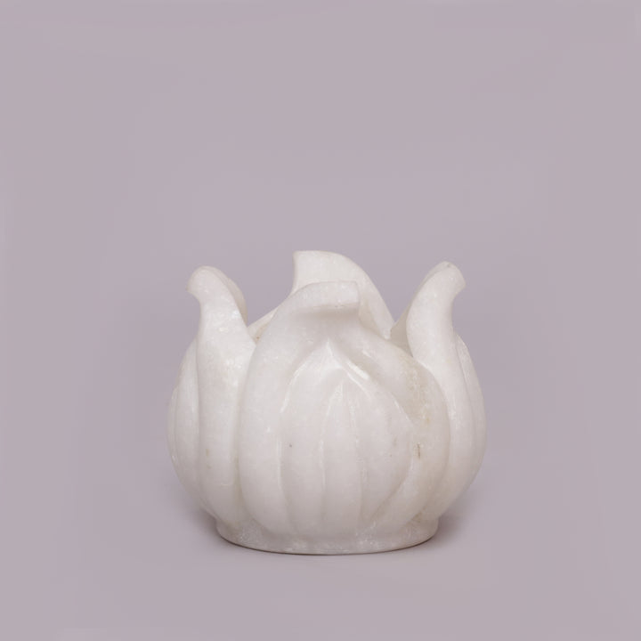 Handcrafted White Marble Lotus Tealight Candle Holder With Flower Design