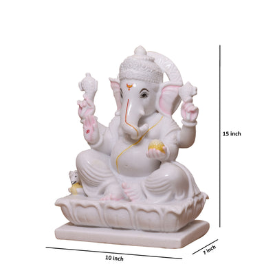 15" Pure White Marble Lord Ganesha Idol for Pooja Décor