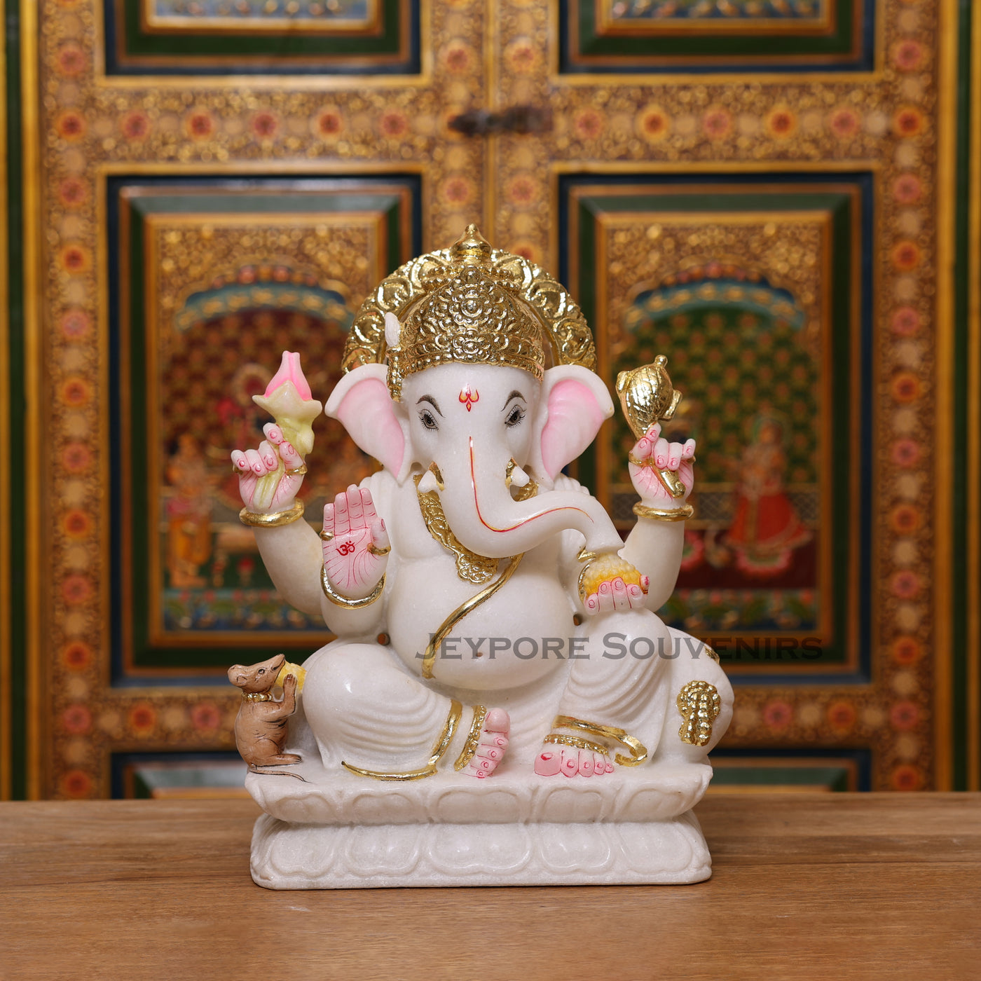 15" Pure White Marble Lord Ganesha Idol with Real Gold Leaf Crown