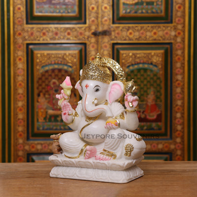15" Pure White Marble Lord Ganesha Idol with Real Gold Leaf Crown