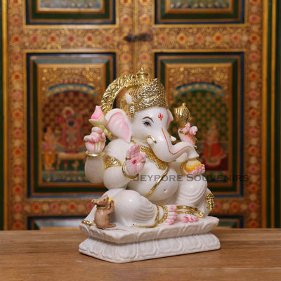 15" Pure White Marble Lord Ganesha Idol with Real Gold Leaf Crown
