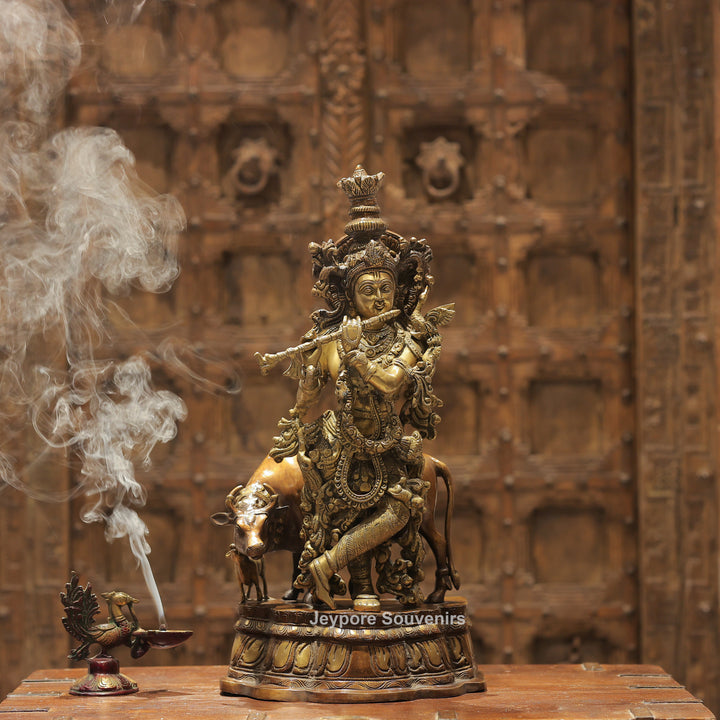 Handcrafted Brass Krishna with Cow Statue
