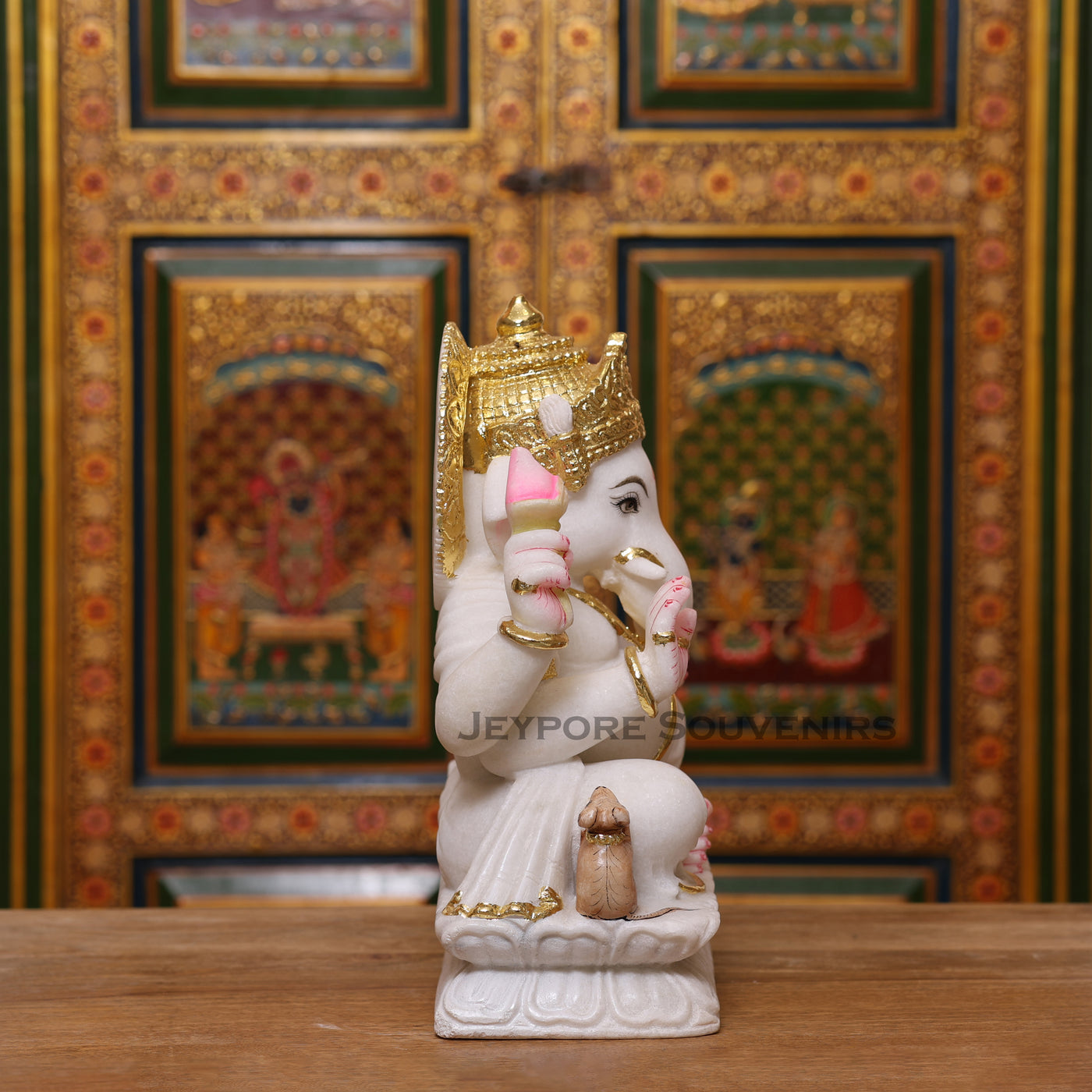 15" Pure White Marble Lord Ganesha Idol with Real Gold Leaf Crown