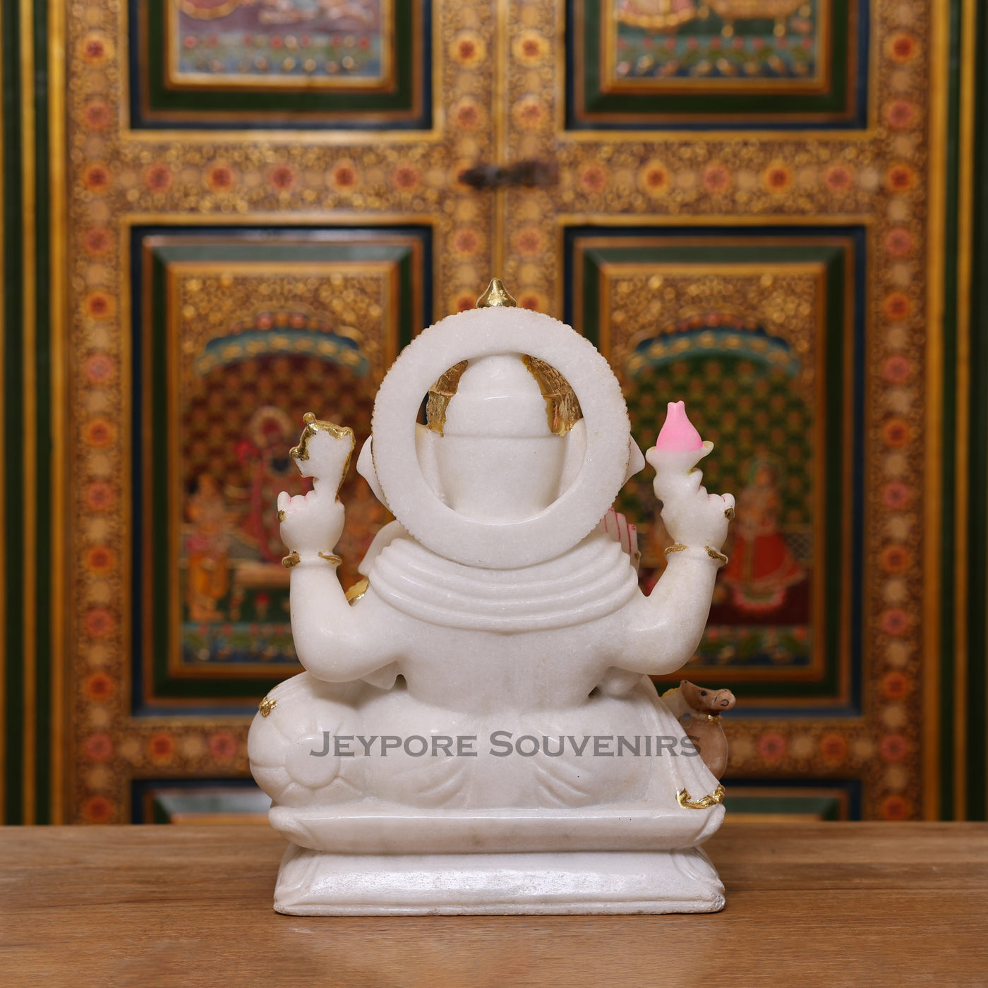 15" Pure White Marble Lord Ganesha Idol with Real Gold Leaf Crown