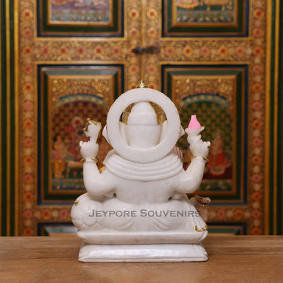 15" Pure White Marble Lord Ganesha Idol with Real Gold Leaf Crown