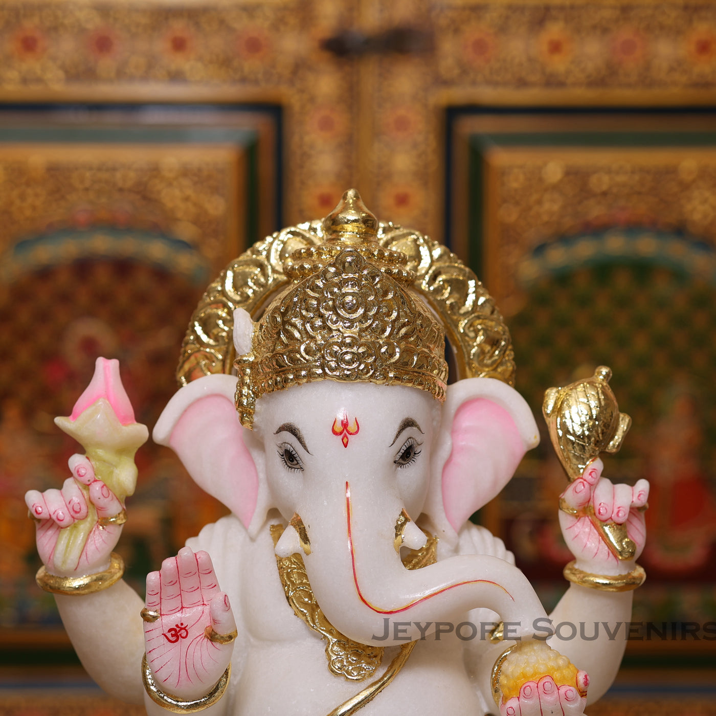 15" Pure White Marble Lord Ganesha Idol with Real Gold Leaf Crown