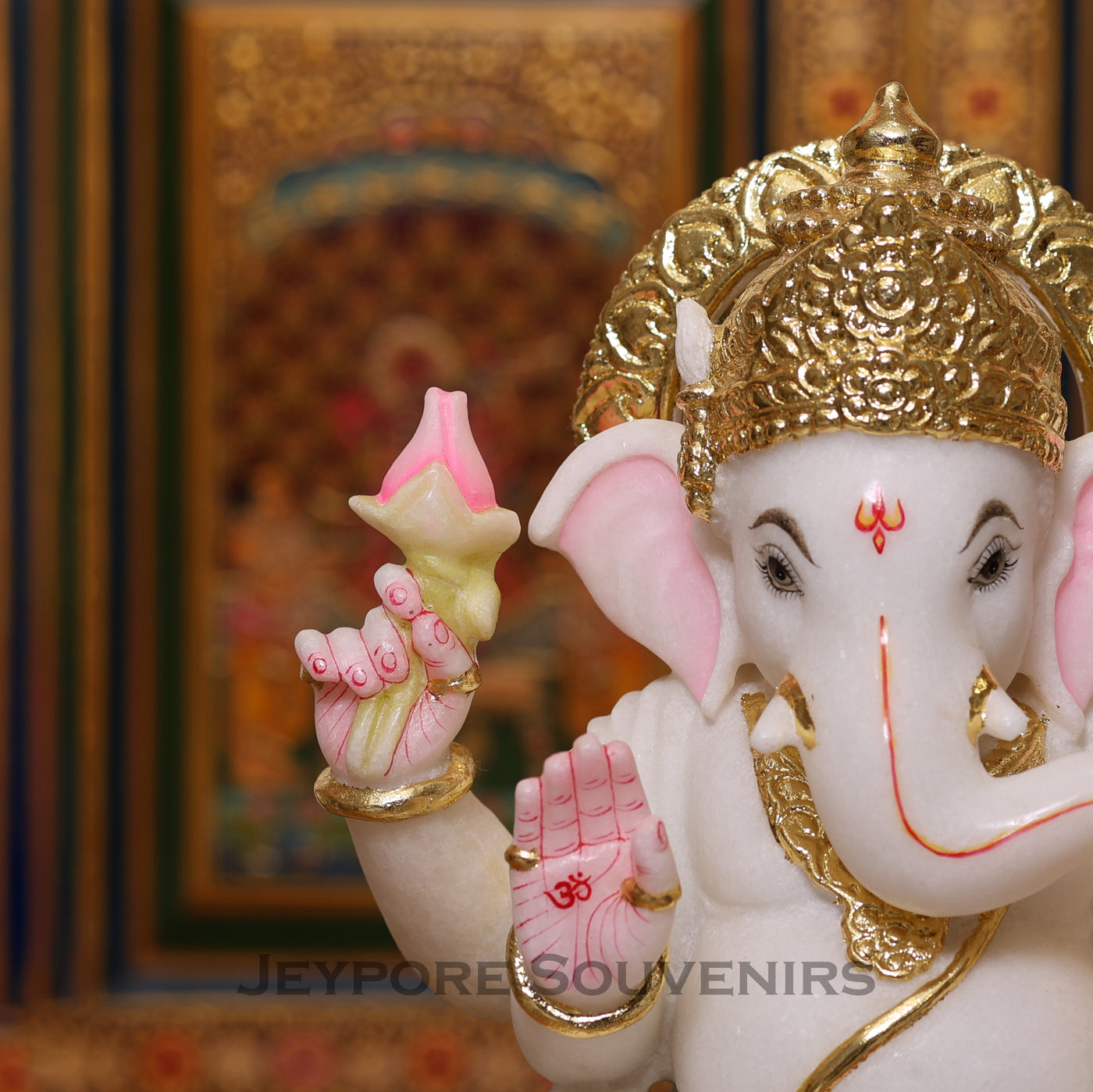 15" Pure White Marble Lord Ganesha Idol with Real Gold Leaf Crown
