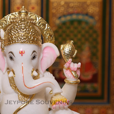 15" Pure White Marble Lord Ganesha Idol with Real Gold Leaf Crown