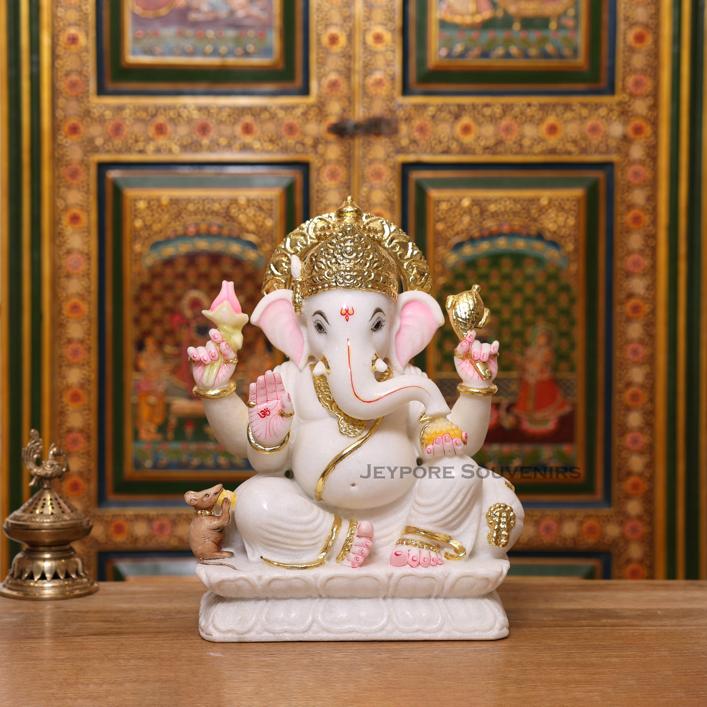 15" Pure White Marble Lord Ganesha Idol with Real Gold Leaf Crown