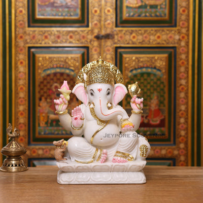 15" Pure White Marble Lord Ganesha Idol with Real Gold Leaf Crown