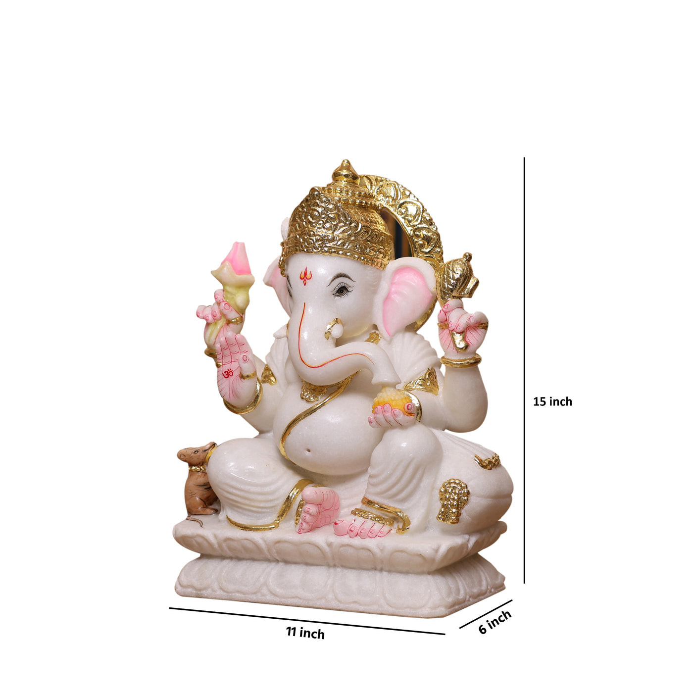 15" Pure White Marble Lord Ganesha Idol with Real Gold Leaf Crown