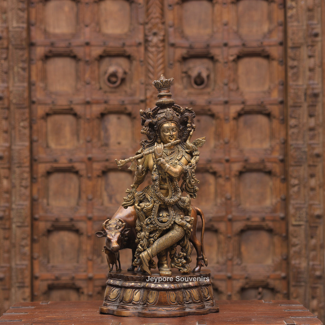 Handcrafted Brass Krishna with Cow Statue