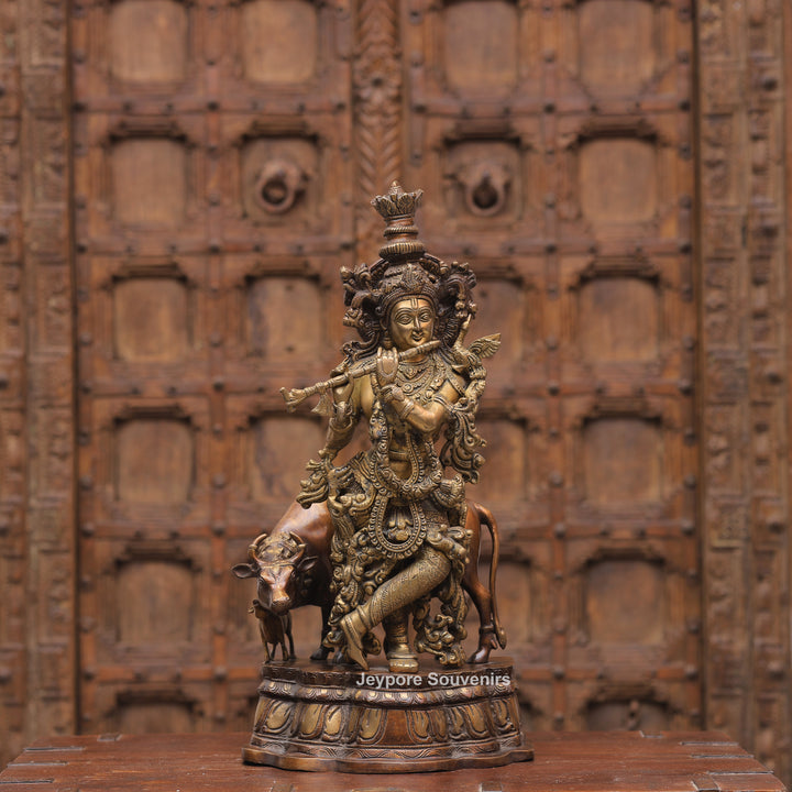 Handcrafted Brass Krishna with Cow Statue