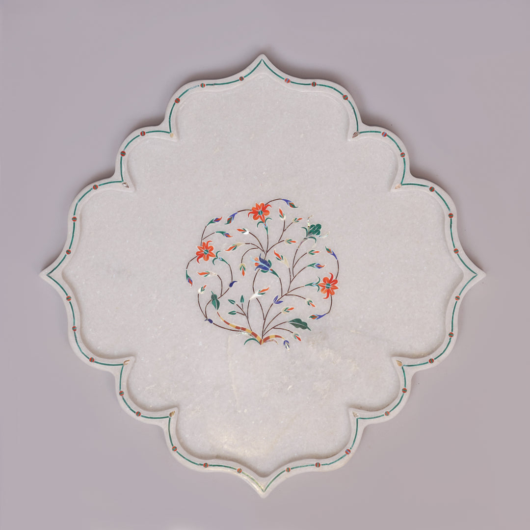 White Marble Pietra Dura Decorative Plate With Floral Inlay Art