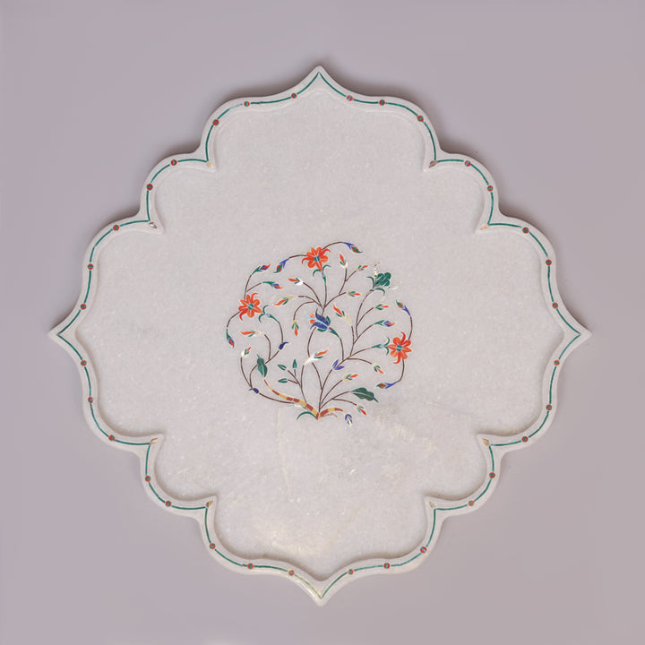 White Marble Pietra Dura Decorative Plate With Floral Inlay Art
