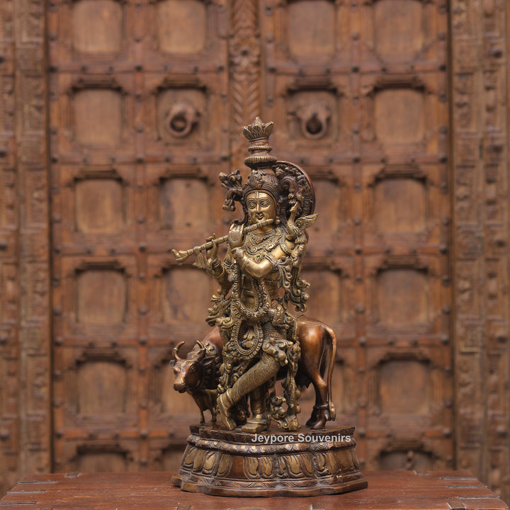 Handcrafted Brass Krishna with Cow Statue