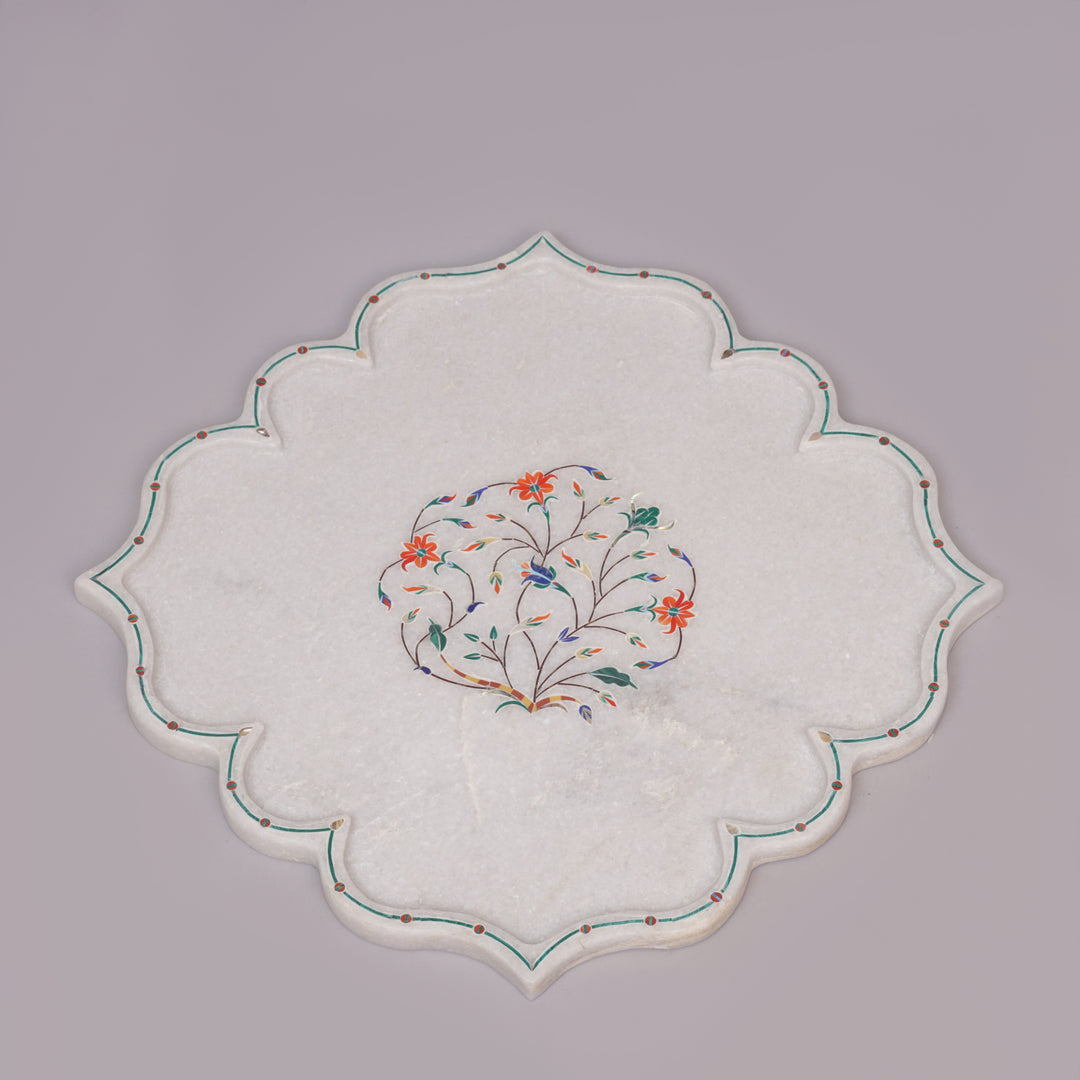 White Marble Pietra Dura Decorative Plate With Floral Inlay Art