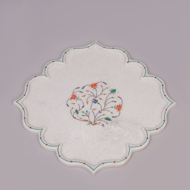 White Marble Pietra Dura Decorative Plate With Floral Inlay Art