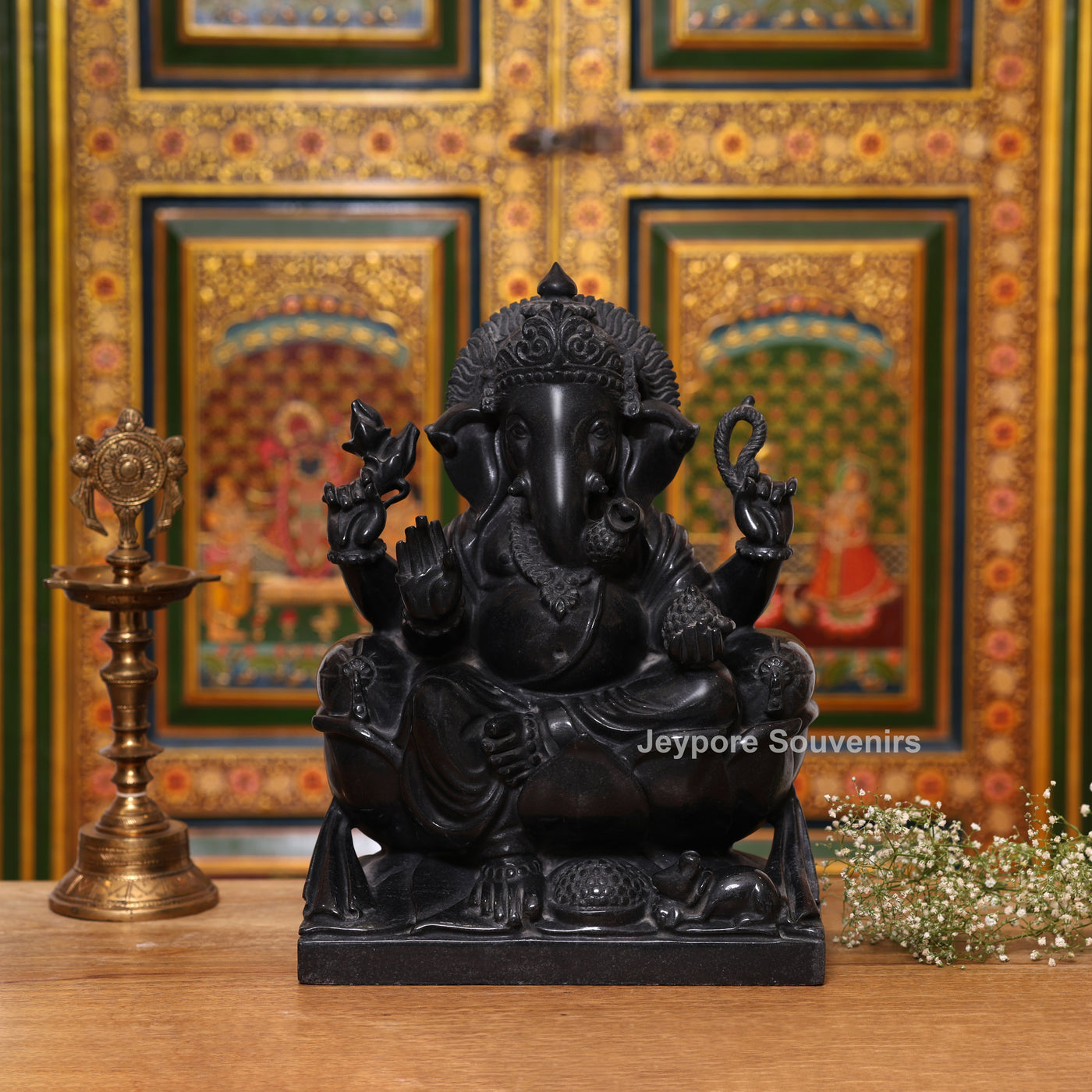 15" Pure Black Marble Handcrafted Sitting Lord Ganesha Idol