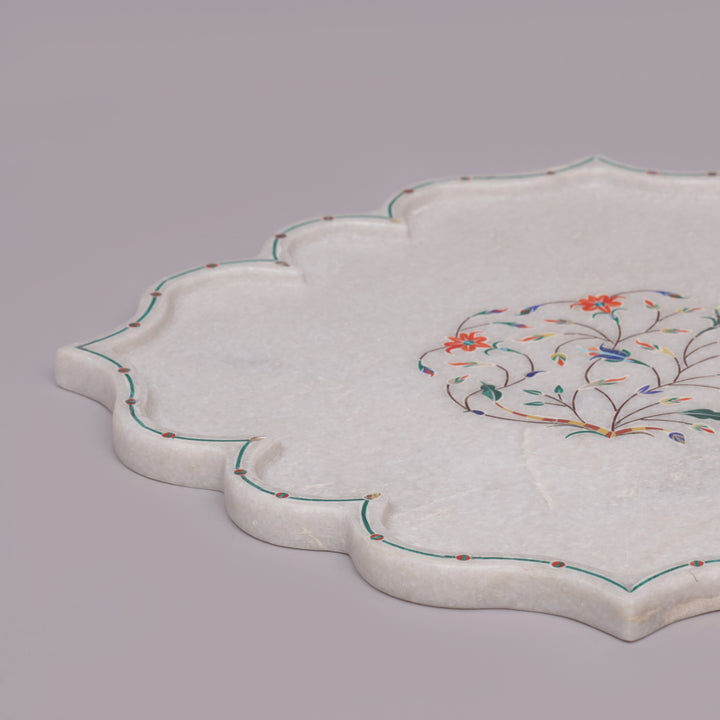 White Marble Pietra Dura Decorative Plate With Floral Inlay Art
