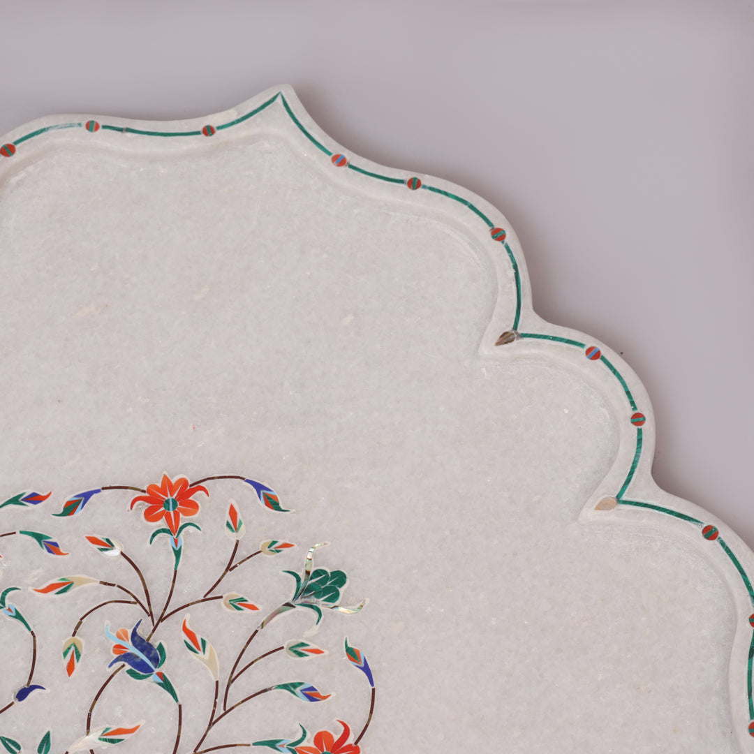 White Marble Pietra Dura Decorative Plate With Floral Inlay Art