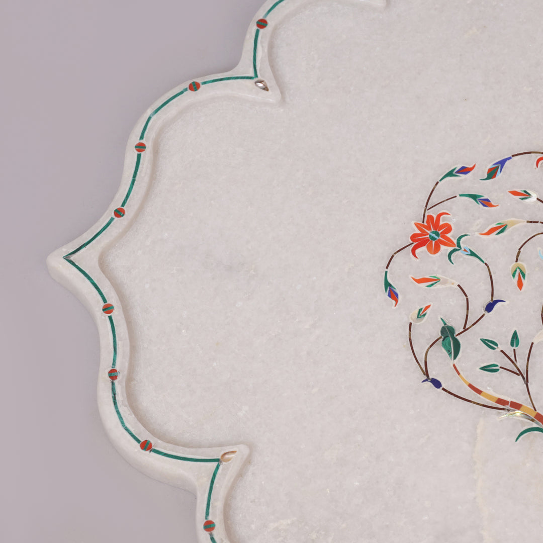 White Marble Pietra Dura Decorative Plate With Floral Inlay Art