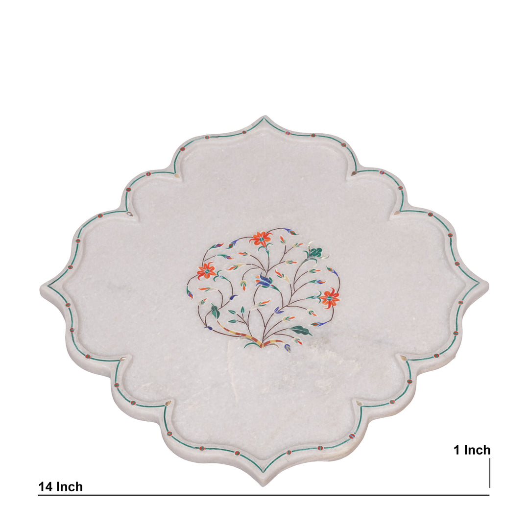 White Marble Pietra Dura Decorative Plate With Floral Inlay Art