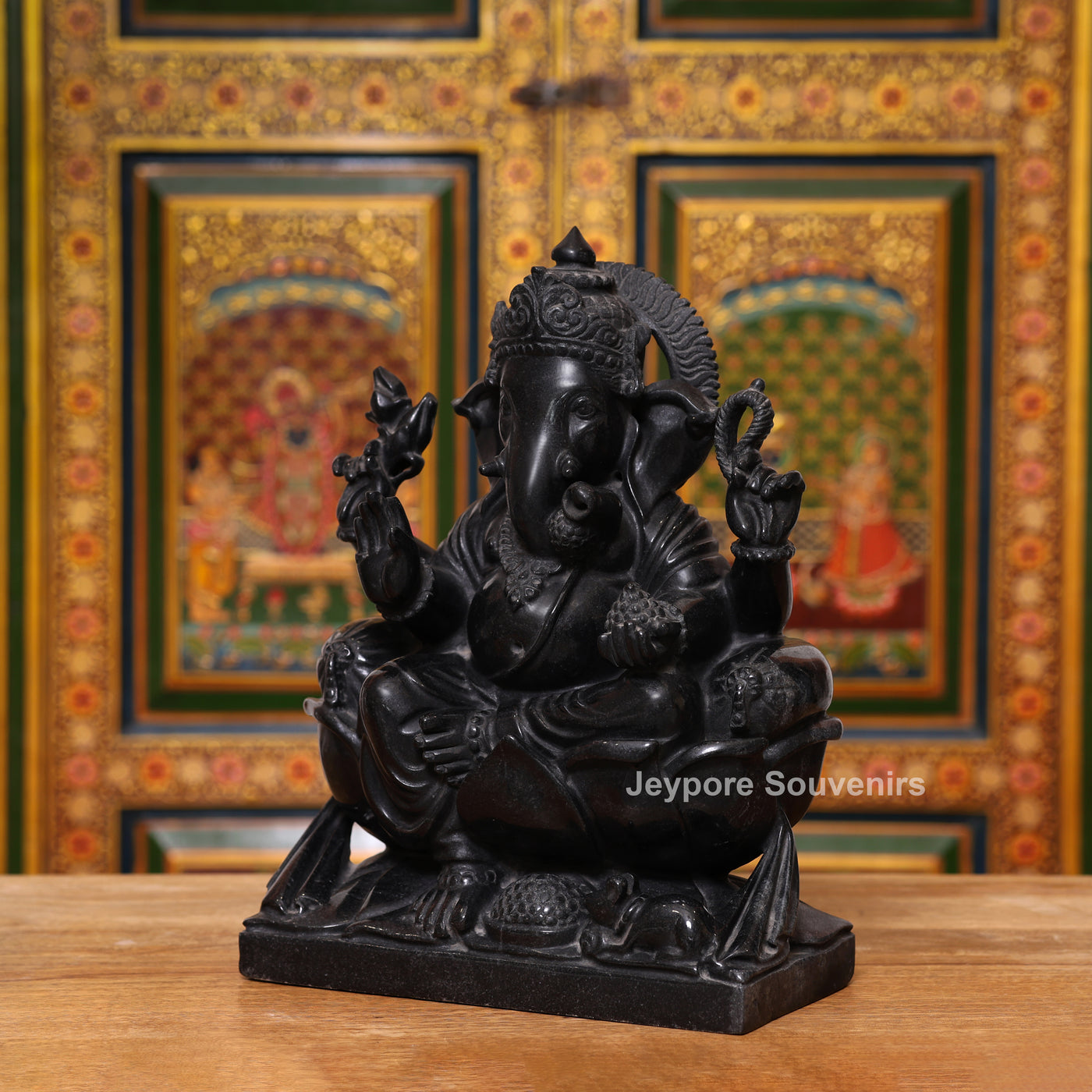 15" Pure Black Marble Handcrafted Sitting Lord Ganesha Idol