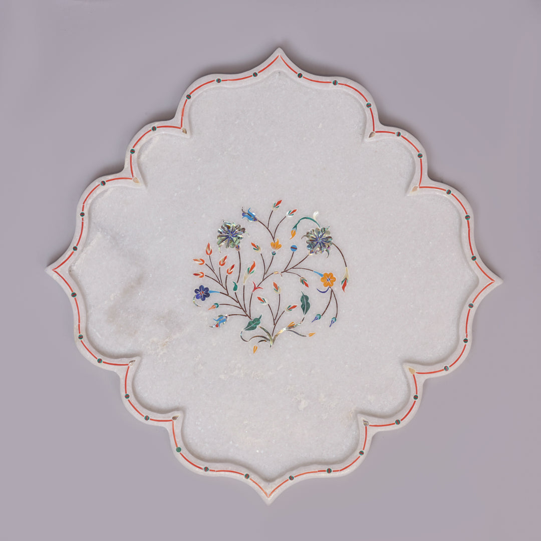 White Marble Pietra Dura Decorative Plate With Lotus-Petal Design