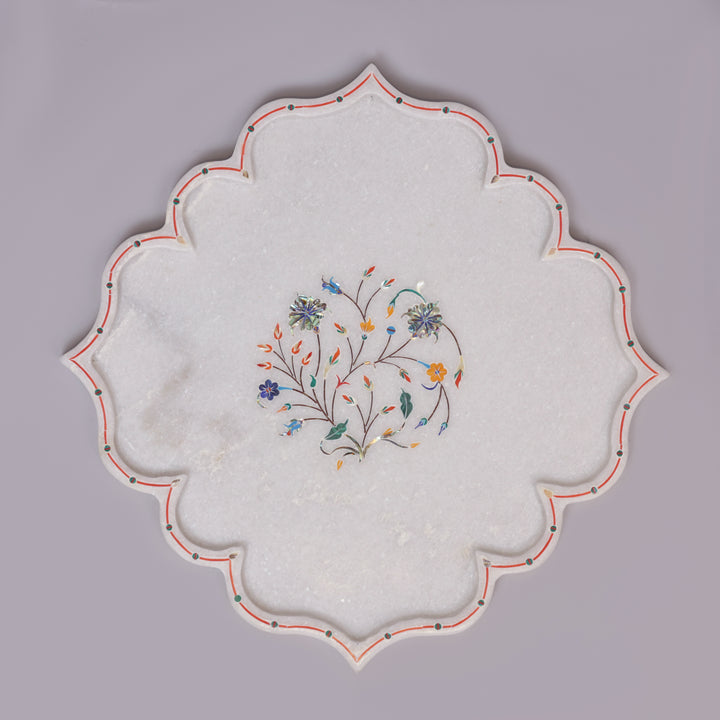 White Marble Pietra Dura Decorative Plate With Lotus-Petal Design