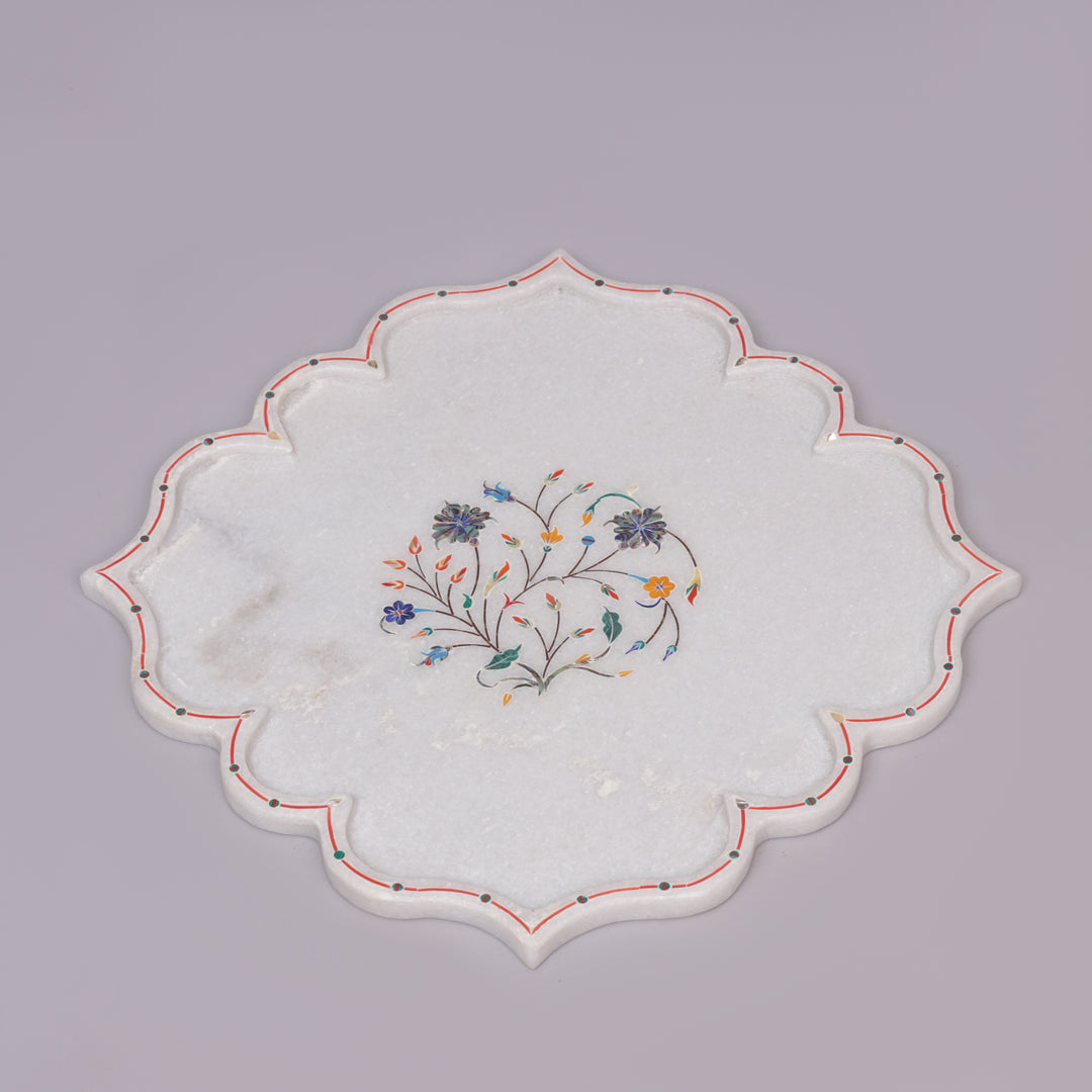 White Marble Pietra Dura Decorative Plate With Lotus-Petal Design