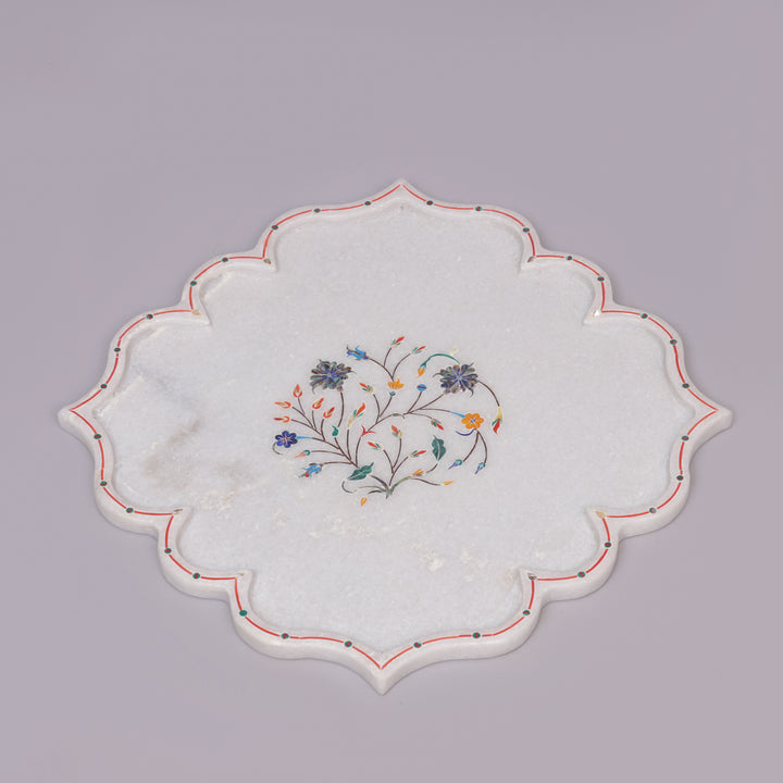 White Marble Pietra Dura Decorative Plate With Lotus-Petal Design