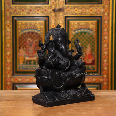 15" Pure Black Marble Handcrafted Sitting Lord Ganesha Idol