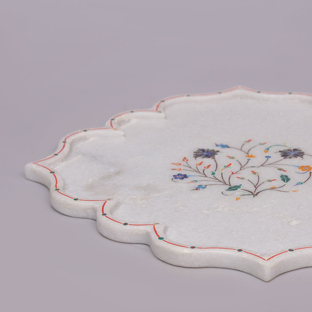 White Marble Pietra Dura Decorative Plate With Lotus-Petal Design