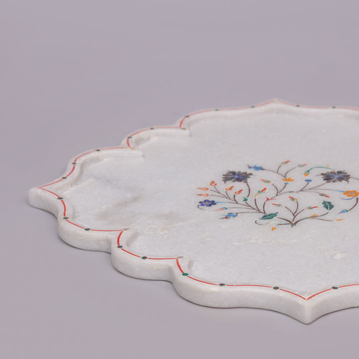 White Marble Pietra Dura Decorative Plate With Lotus-Petal Design