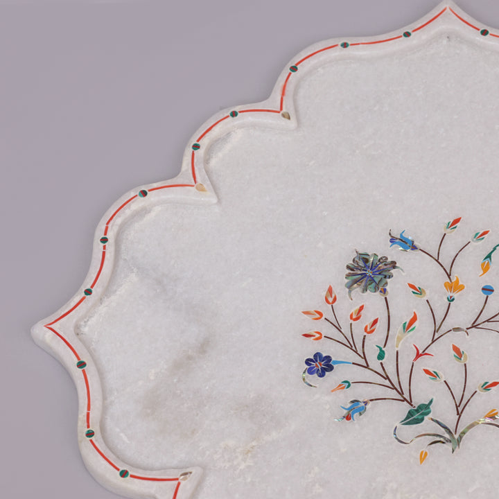 White Marble Pietra Dura Decorative Plate With Lotus-Petal Design