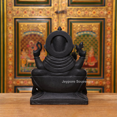 15" Pure Black Marble Handcrafted Sitting Lord Ganesha Idol