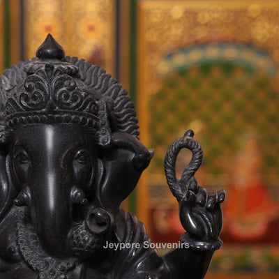 15" Pure Black Marble Handcrafted Sitting Lord Ganesha Idol