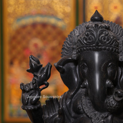 15" Pure Black Marble Handcrafted Sitting Lord Ganesha Idol