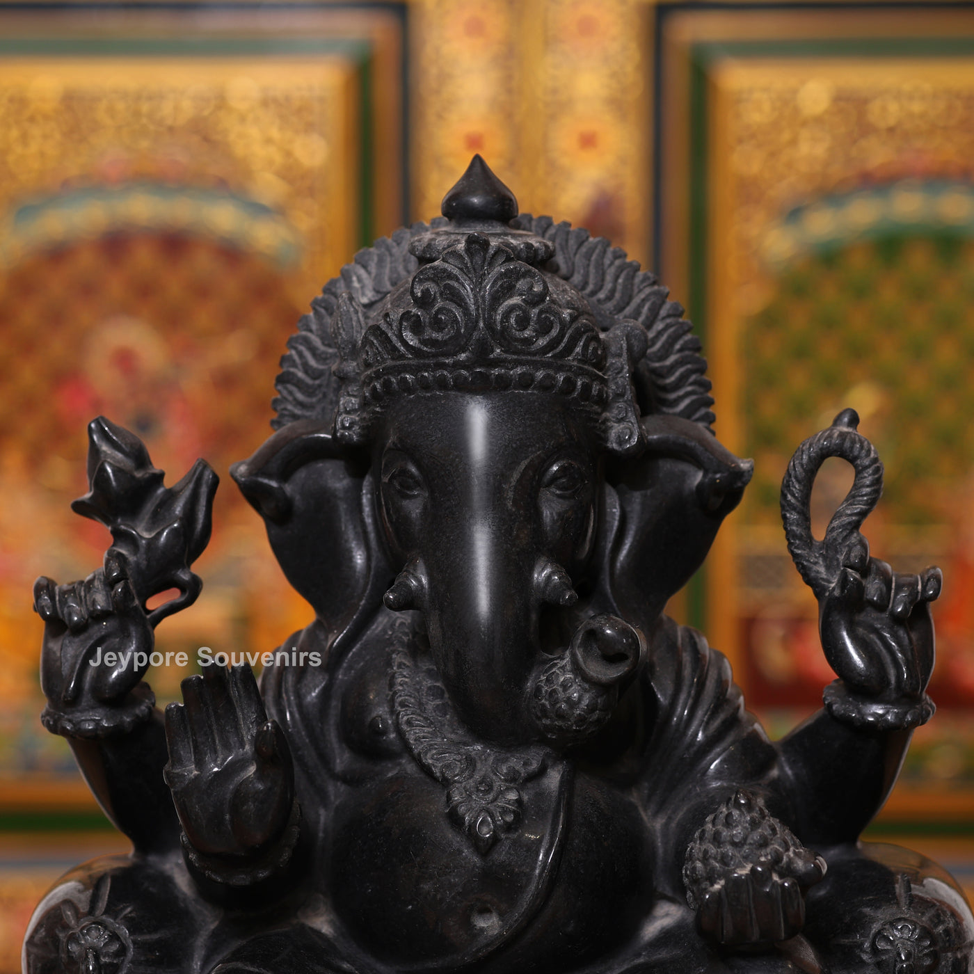 15" Pure Black Marble Handcrafted Sitting Lord Ganesha Idol