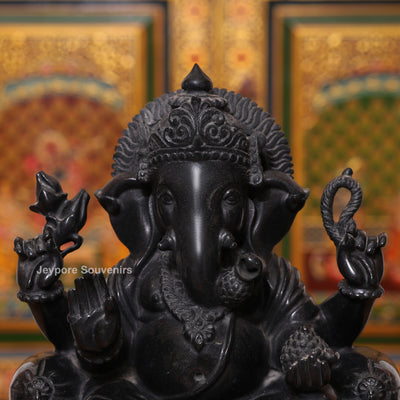 15" Pure Black Marble Handcrafted Sitting Lord Ganesha Idol
