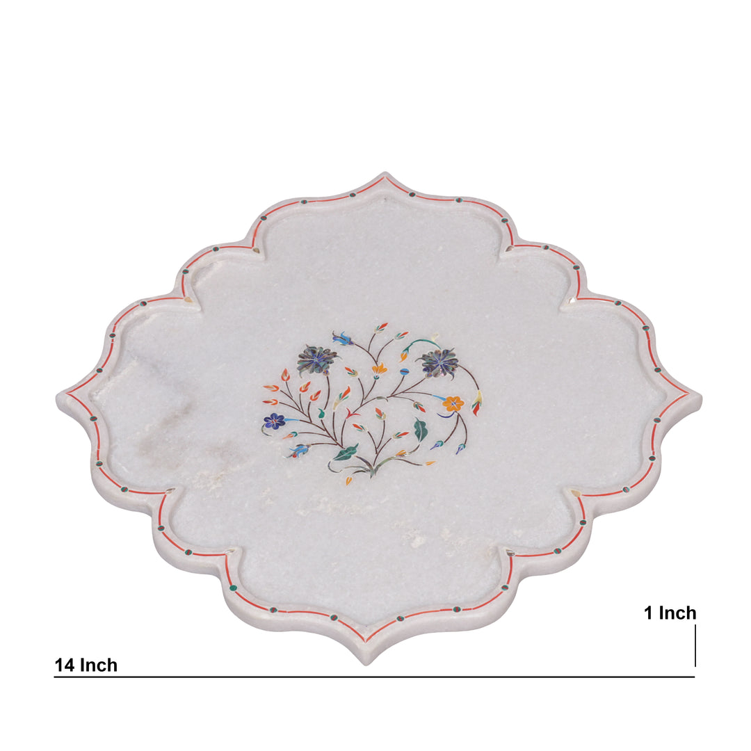 White Marble Pietra Dura Decorative Plate With Lotus-Petal Design