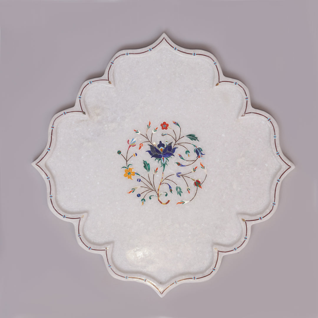 White Marble Pietra Dura Decorative Plate With Lotus-Petal Shape