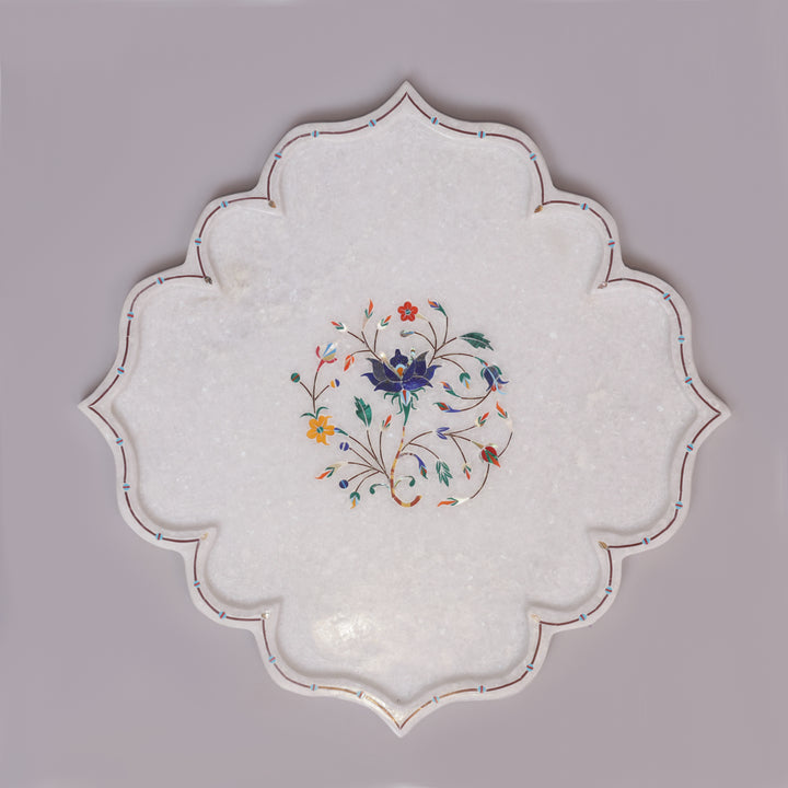White Marble Pietra Dura Decorative Plate With Lotus-Petal Shape