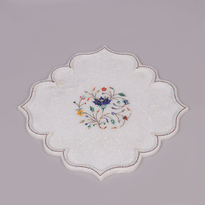White Marble Pietra Dura Decorative Plate With Lotus-Petal Shape
