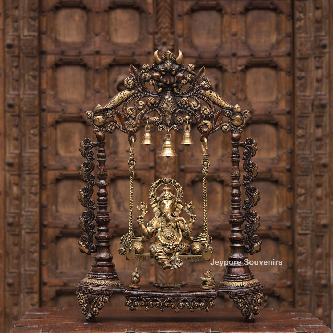 Handcrafted Brass Swing Ganesha with Ornamental Temple Arch &amp; Hanging Bells
